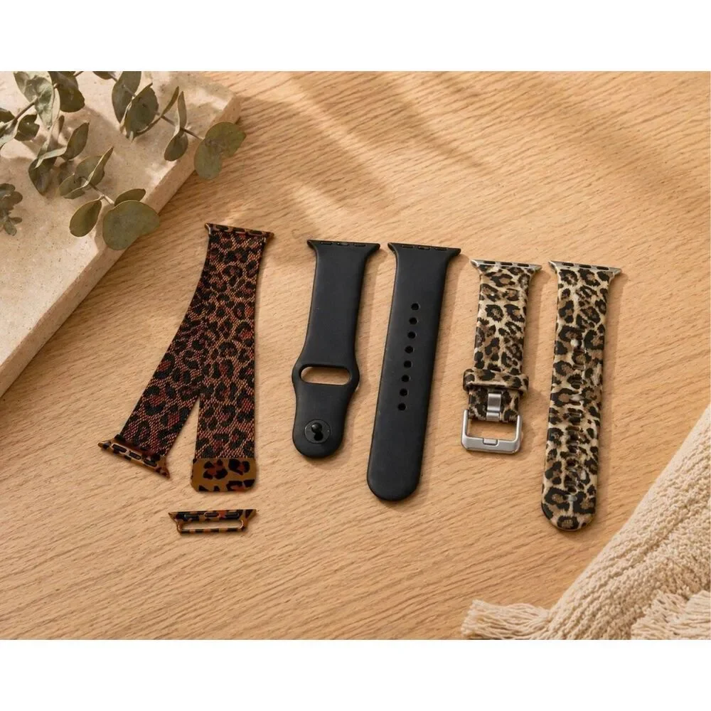 Set of Three Apple Watch Straps 38/40/41 mm Black/ Leopard Print